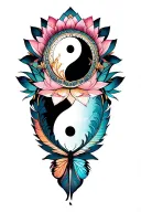 yin and yang,lotus flower,mandala,butterfly,geomatric pattern,feather tattoo design idea