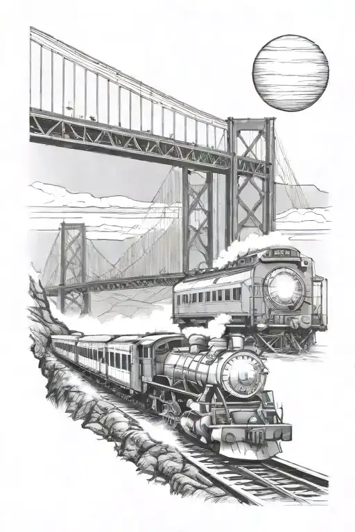 train approaching the golden gate bridge with the headlight shining onto fog tattoo design idea