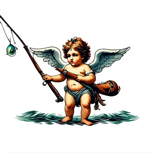 cherub holding fishing pole tattoo design idea