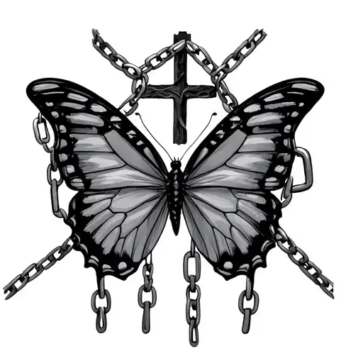 one beautiful Butterfly covering a  broke chain, Chain is in 2 pieces, there is a cross in the back ground,  tattoo design idea