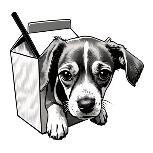 Create a juice box, with a straw. In the center of the juice box is a very old, small beagle with floppy ears. tattoo design idea