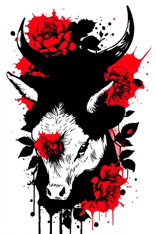 Bull bull head, black flowers and leaves tattoo design idea