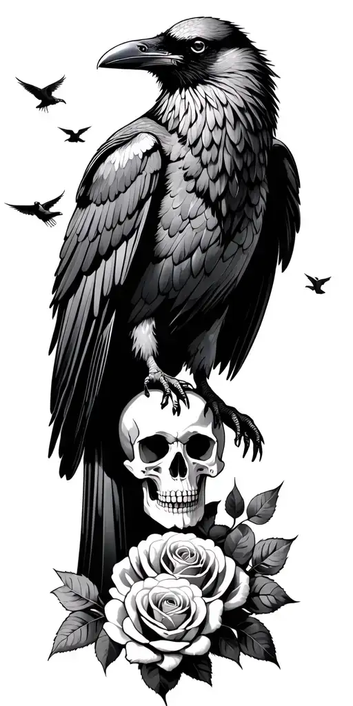 Raven standing on ground with skull and roses growing up and ravens flying  tattoo design idea