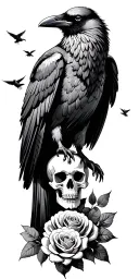Raven standing on ground with skull and roses growing up and ravens flying  tattoo design idea