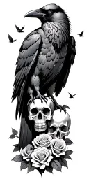 Raven standing on ground with skull and roses growing up and ravens flying  tattoo design idea