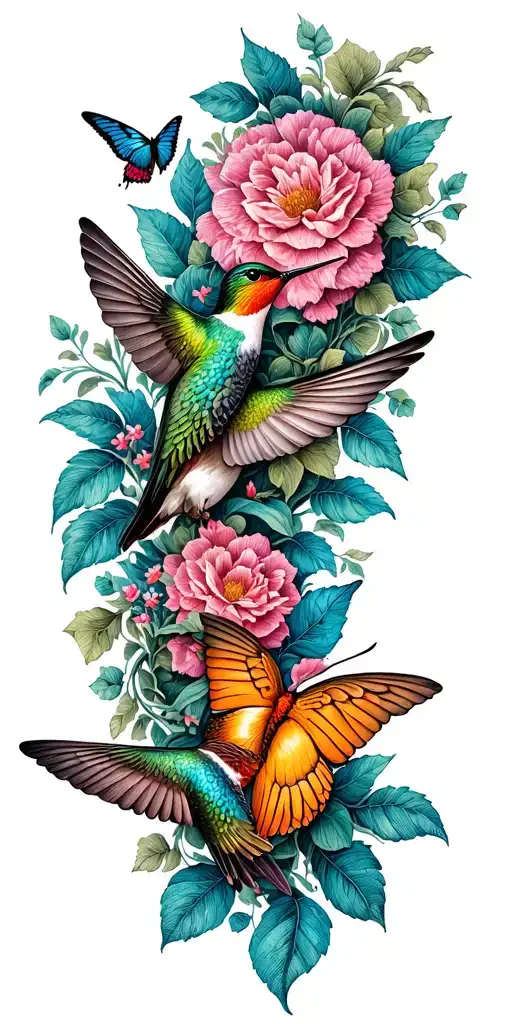 A dotwork tattoo of intricate floral patterns and vines with hummingbirds and butterflies  tattoo design idea