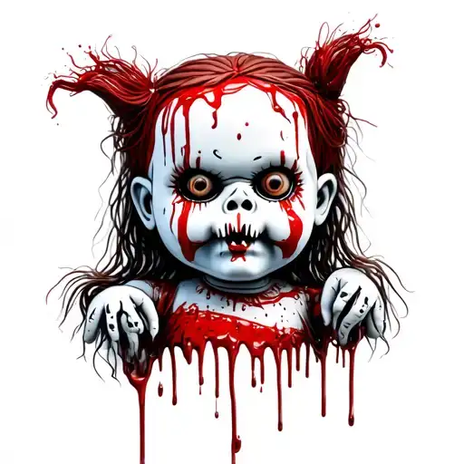scary voodoo doll with blood dripping setting up like chucky tattoo design idea