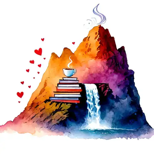 Mountain With A Waterfall Of Books That Is Steaming Out Of A Cup Of Coffee And Surrounded By Hearts tattoo design idea