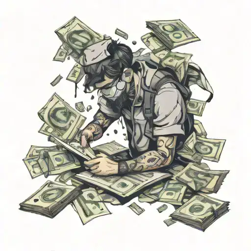 An intricate design of a student studying with money raining down around them tattoo design idea