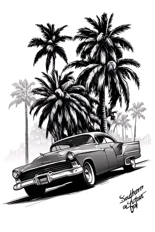 Southern California culture weaving elements like cruising culture graffiti and downtown la culture tha tattoo design idea