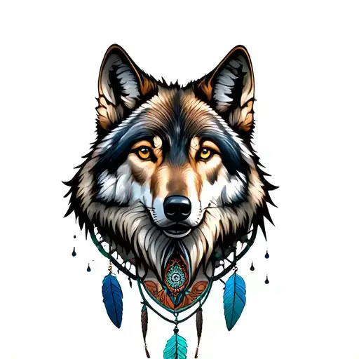 wolf head and dreamcatcher tattoo design idea