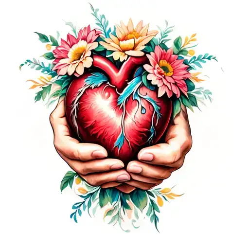 hand tattooed with a Sacred Heart holding flowers tattoo design idea