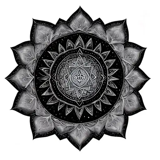 "A precise Sri Yantra mandala centered on page, blackwork dotwork style, highly detailed geometry, small bindu at center tattoo design idea