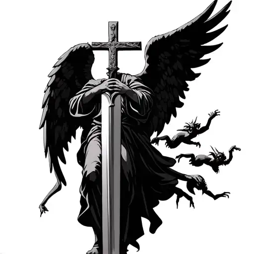  An angel standing guard near a cross with its  sword drawn with shadows of demons reaching upwards tattoo design idea