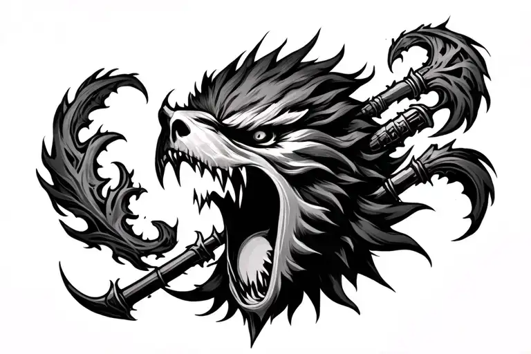 A roaring beats head and one flail coming from each side. Chest piece tattoo design idea