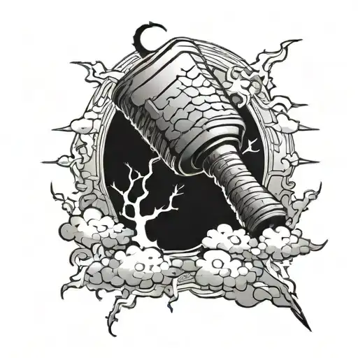 tattoo for Thors hammer with lightning and clouds surrounding tattoo design idea
