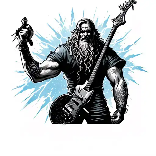 CartoonWizard from straight behind. Like a rockstar, holding staff up left arm. Lightning strikes STAFF. Right arm DOWN. tattoo design idea