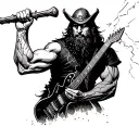 CartoonWizard from straight behind. Like a rockstar, holding staff up left arm. Lightning strikes STAFF. Right arm DOWN. tattoo design idea