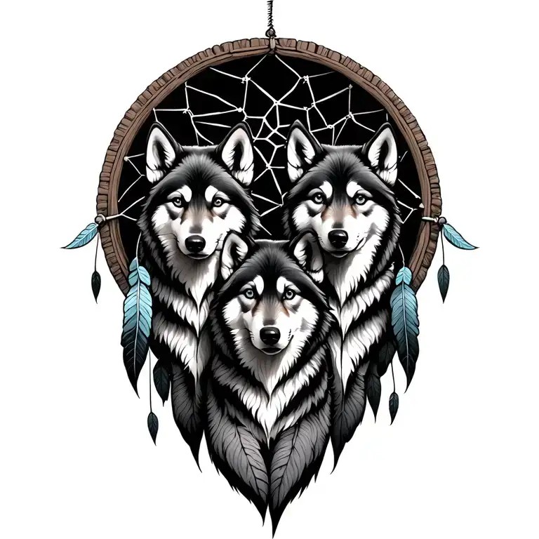 Three wolf pups inside A Dream catcher tattoo design idea