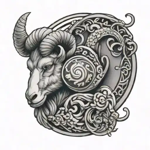 yin and yang symbol incorporated in aries ram tattoo design idea