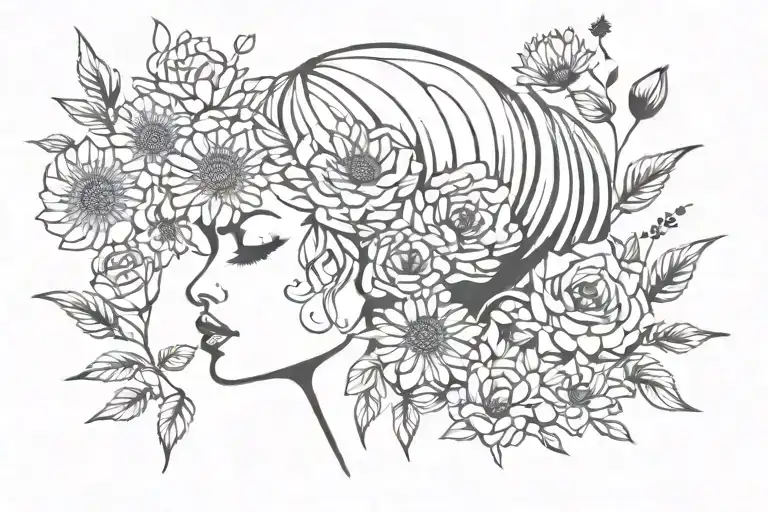  tattoo with roses & dandelions then at the bottom a floral hair covering african lady eyes tattoo design idea