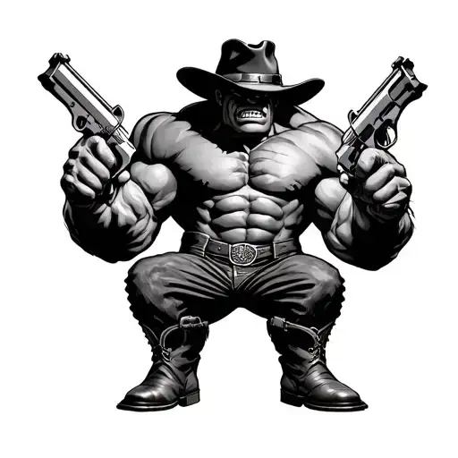hulk holding 1911 pistols in each hand wearing a fedora hat and cowboy boots tattoo design idea