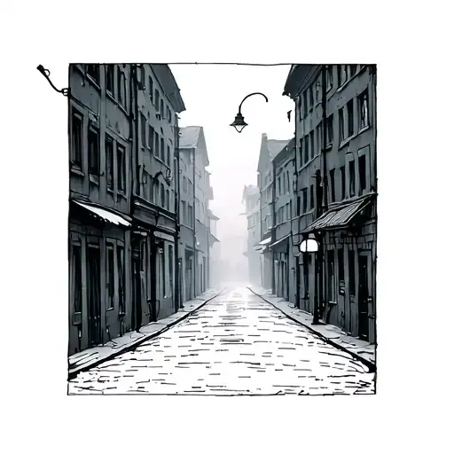 Minimalist sketch of a foggy town street with a lone streetlamp, inspired by Silent Hill. Monochrome, line art style, ee tattoo design idea