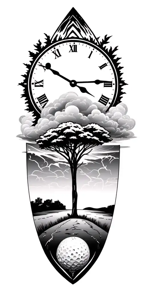 lightining storm and time and moon clock and nature and golf course tattoo design idea