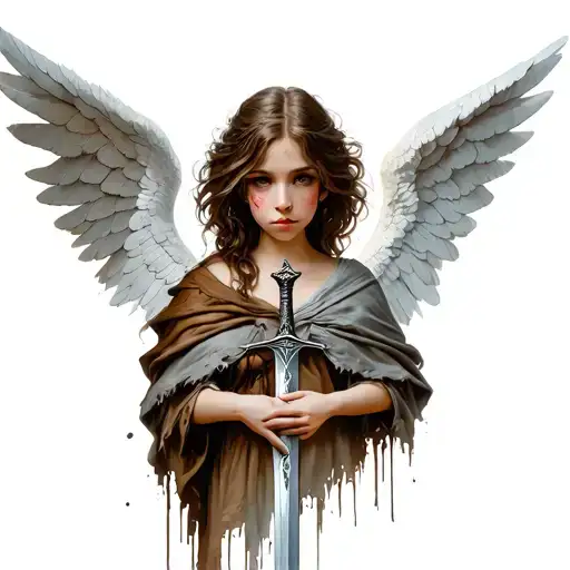 Angel in a female guise, with a ragged mantle and a sword in the back, with venerable eyes tattoo design idea