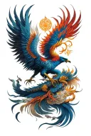 Samurai, phoenix, mandala. Hyper realistic tattoo design idea