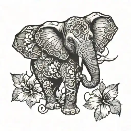 elephant surrounded by hibiscus flowers and spider webs tattoo design idea