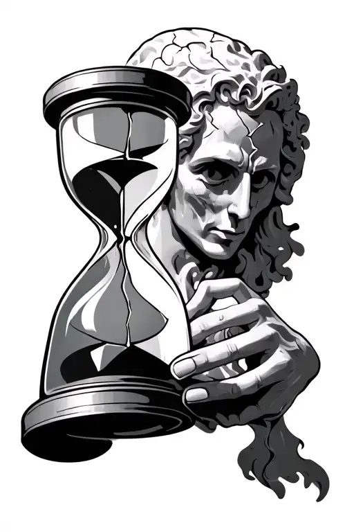 Statue holding an hourglass. Statue has cracks near the chest and head. Hourglass cracked at bottom.  tattoo design idea