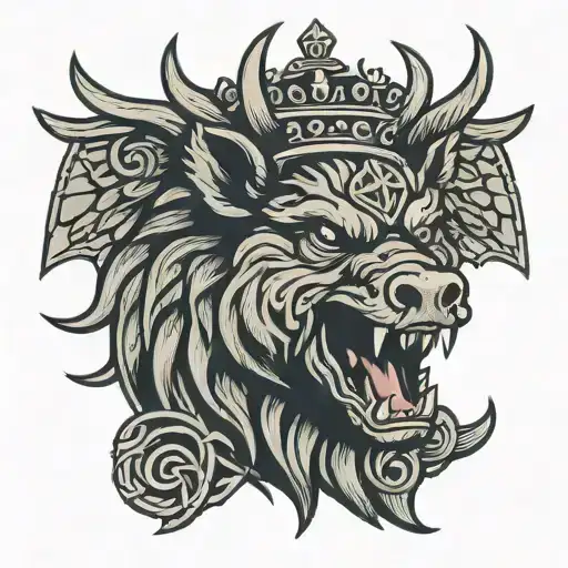 boar head with sword and wings wearing a crown background celtic knot tattoo design idea