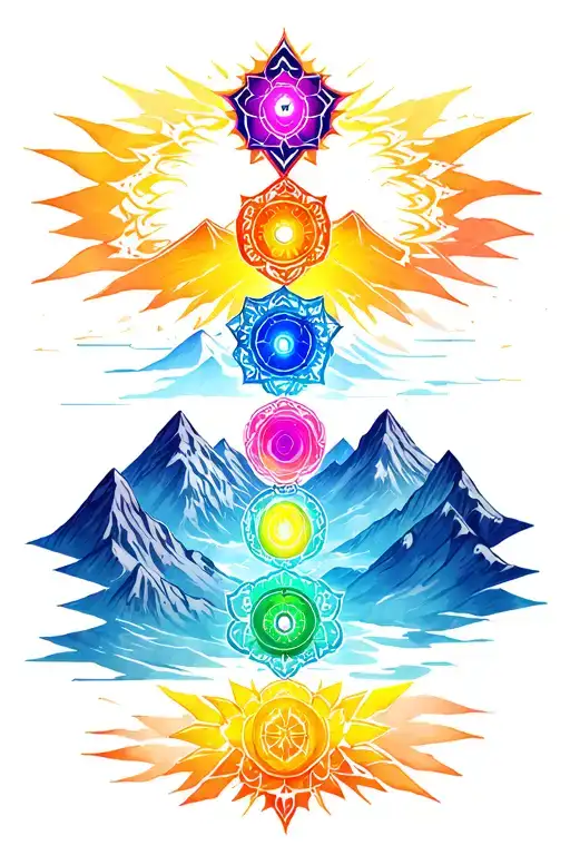 chakra symbols fusion with mountains tattoo design idea