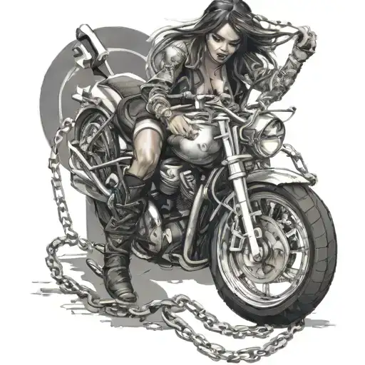 sexy girl wrapped in chains on a motorcycle  tattoo design idea