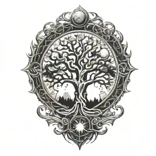 tree of life and sun and moon tattoo design idea