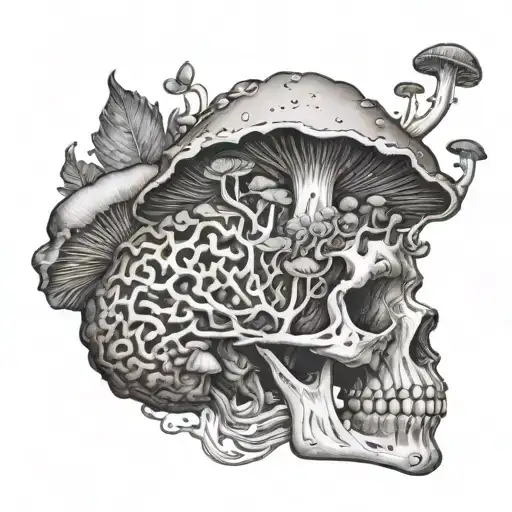 mushroom growing out of skull with smoke behind it tattoo design idea