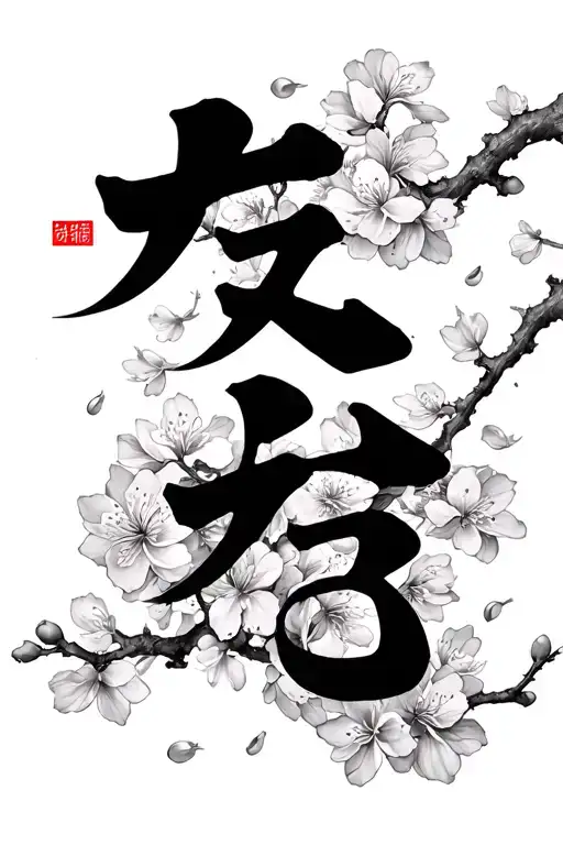 Kaizen Japenese words with cherry blossom pedals falling and branches going through the symbols tattoo design idea