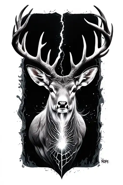 realistic humanoid stag front-facing, glowing chest crack, duality, hope and melancholy, fine line sea in chest tattoo design idea