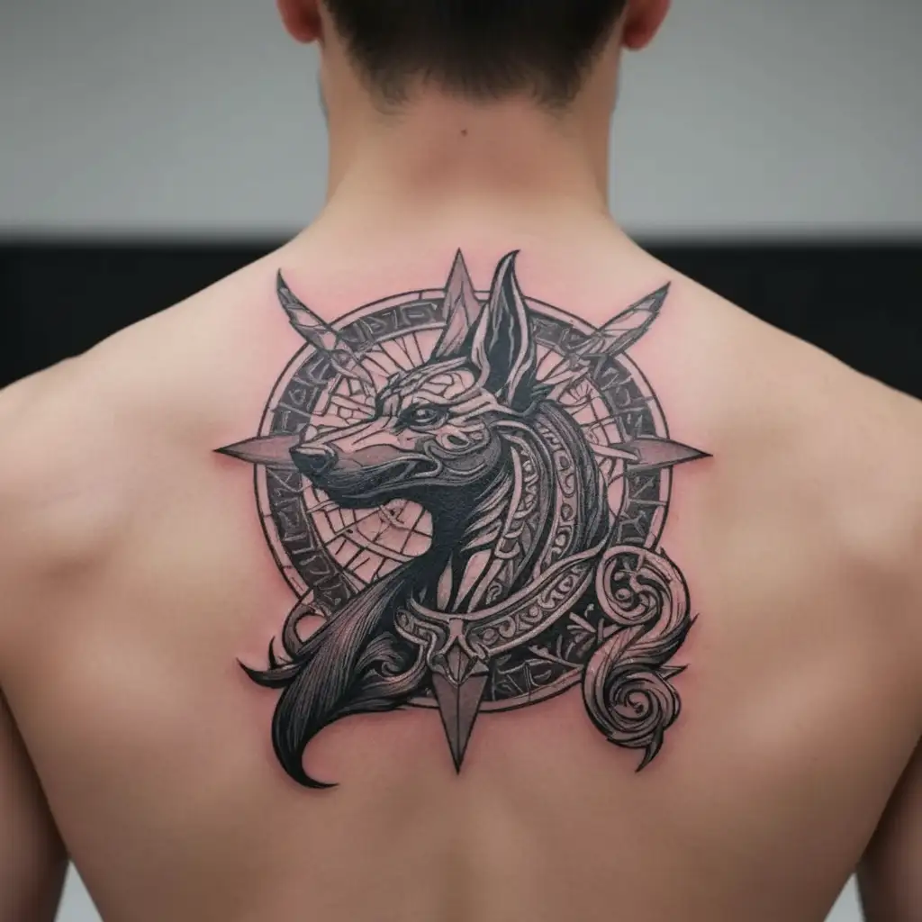 Lunar Anubis(Fuses the mystique of Anubis with the celestial influence of the zodiac and your adventurous spirit.) tattoo design idea