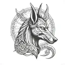 Lunar Anubis(Fuses the mystique of Anubis with the celestial influence of the zodiac and your adventurous spirit.) tattoo design idea