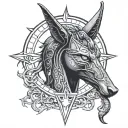 Lunar Anubis(Fuses the mystique of Anubis with the celestial influence of the zodiac and your adventurous spirit.) tattoo design idea