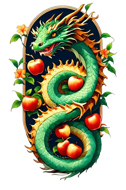 a dragon is coiled around the garden of eden tree with apples tattoo design idea