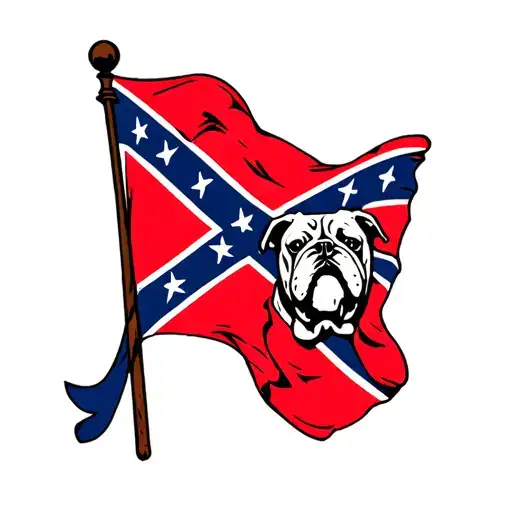 small red and blue confederate flag with bulldog head in center with border with american flag around it tattoo design idea