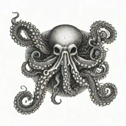 Octopus tentacles stretch from bottom to top. In the center is a Christmas tree toy. A jellyfish floats on top. tattoo design idea