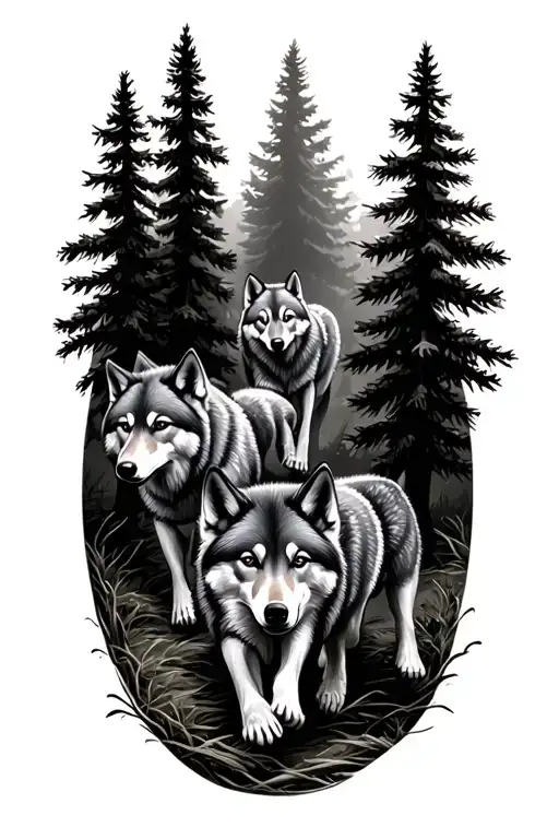 pine trees with 4 baby wolfs running though tattoo design idea