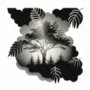tree, cloud, fern, airy, light rays tattoo design idea