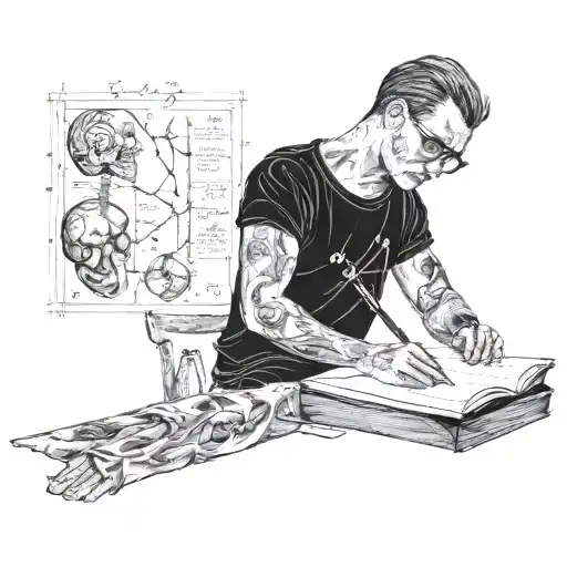 A blackwork tattoo of a teacher writing on a chalkboard with various anatomical diagrams in the background tattoo design idea