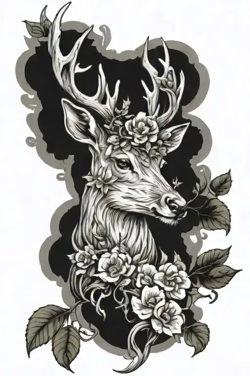 half dead half alive deer head growing mushrooms flowers moss ivy tattoo design idea
