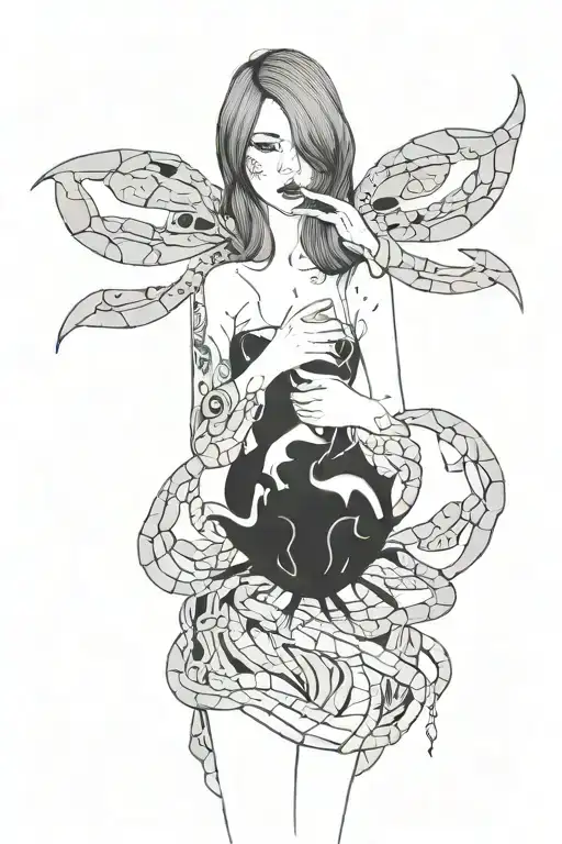 girl holding dress covered by a negative space abstract crab with circular background behind tattoo design idea